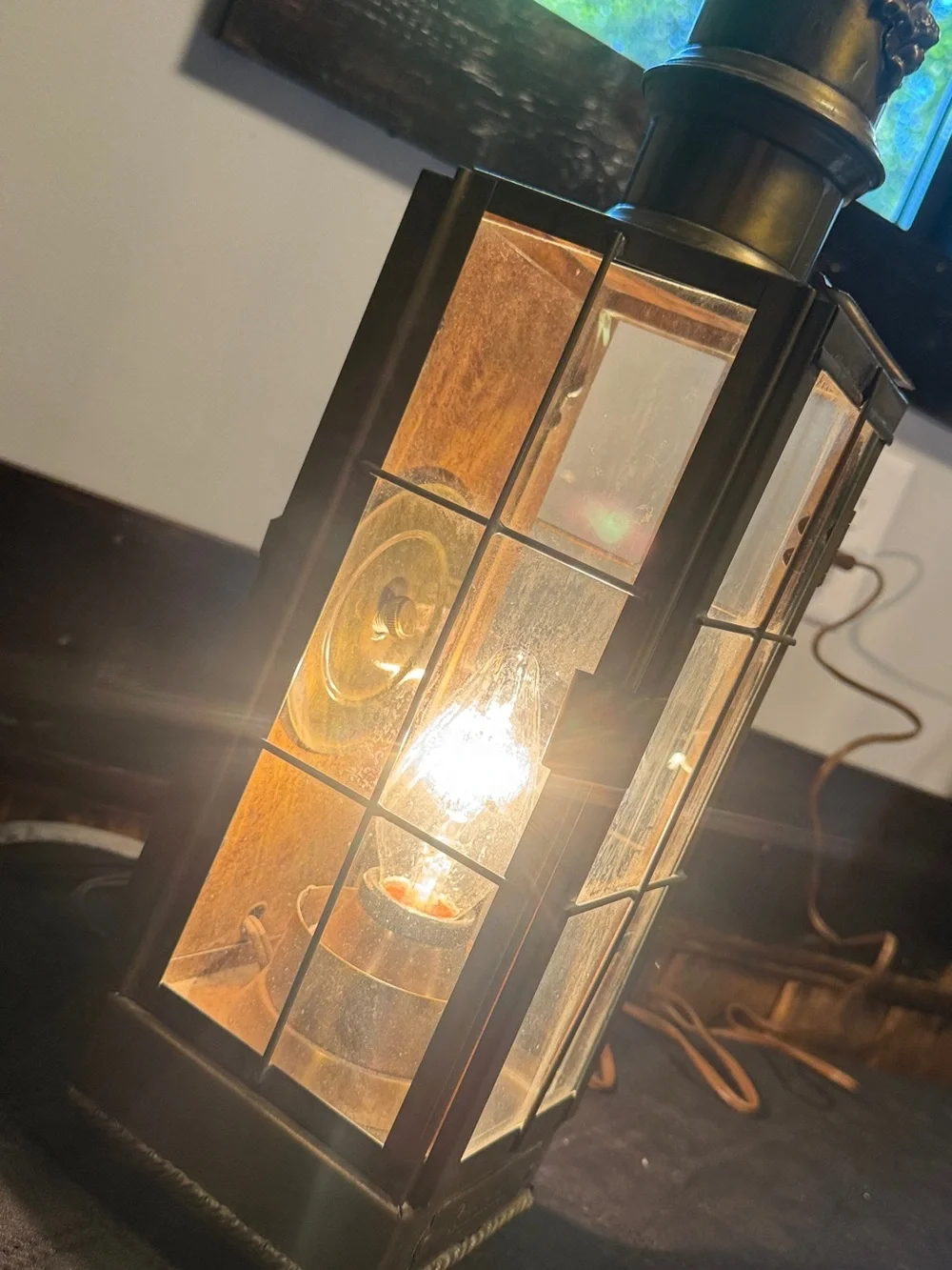Vintage-Inspired Brass Metal Glass Lantern - Gold Words